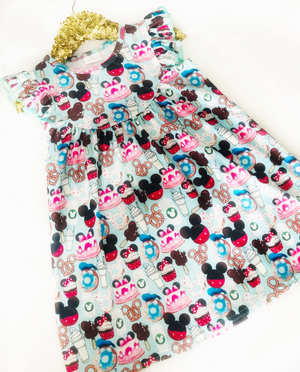 Girls Fun Character Dresses - Aqua Park Treats - cupcakes, mickey ice cream, pretzels, donuts, coffee
