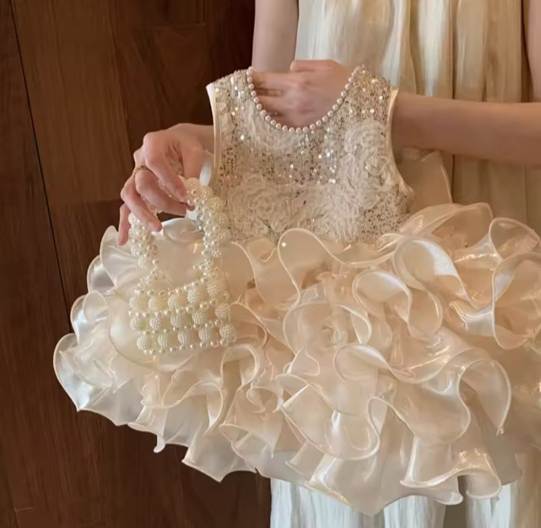 COMING SOON - Baby Girl Sequin Ruffle Pearlescent Dress with Bow