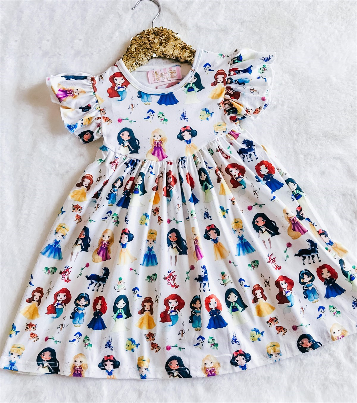 Girls Fun Character Dresses - Mini Princesses Pets - disney princesses - merida, belle, ariel, snow white, rapunzel, cinderella, jasmine, mulan, pocahontas
