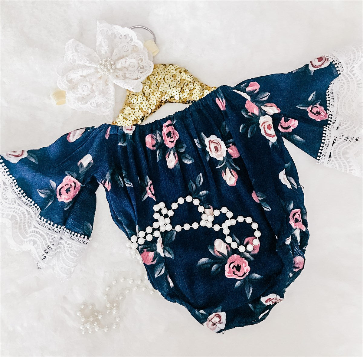 Baby Girls Navy With Pink Rose Floral Flair Romper - stretchy off-shoulder neck with lace flair sleeves