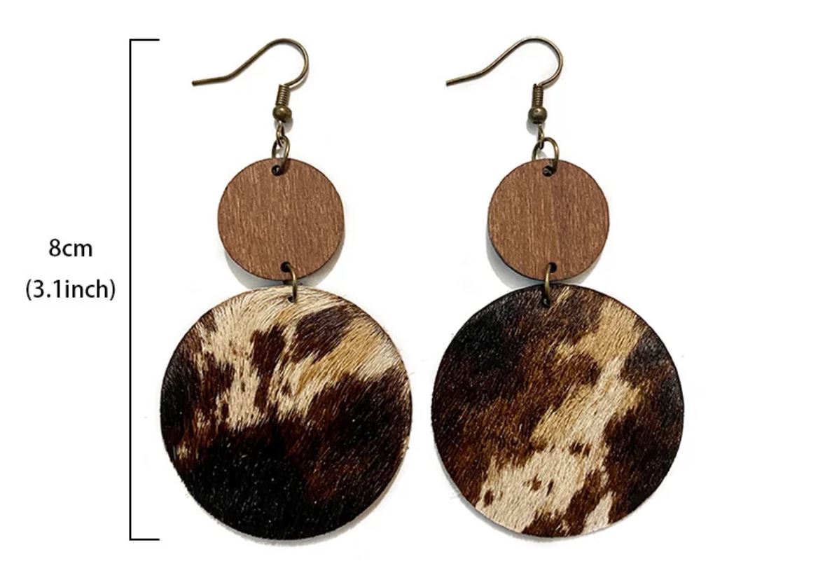 Vintage Western Earrings Wood Genuine Leather Horsehair Patchwork Drop Earrings Bohemian