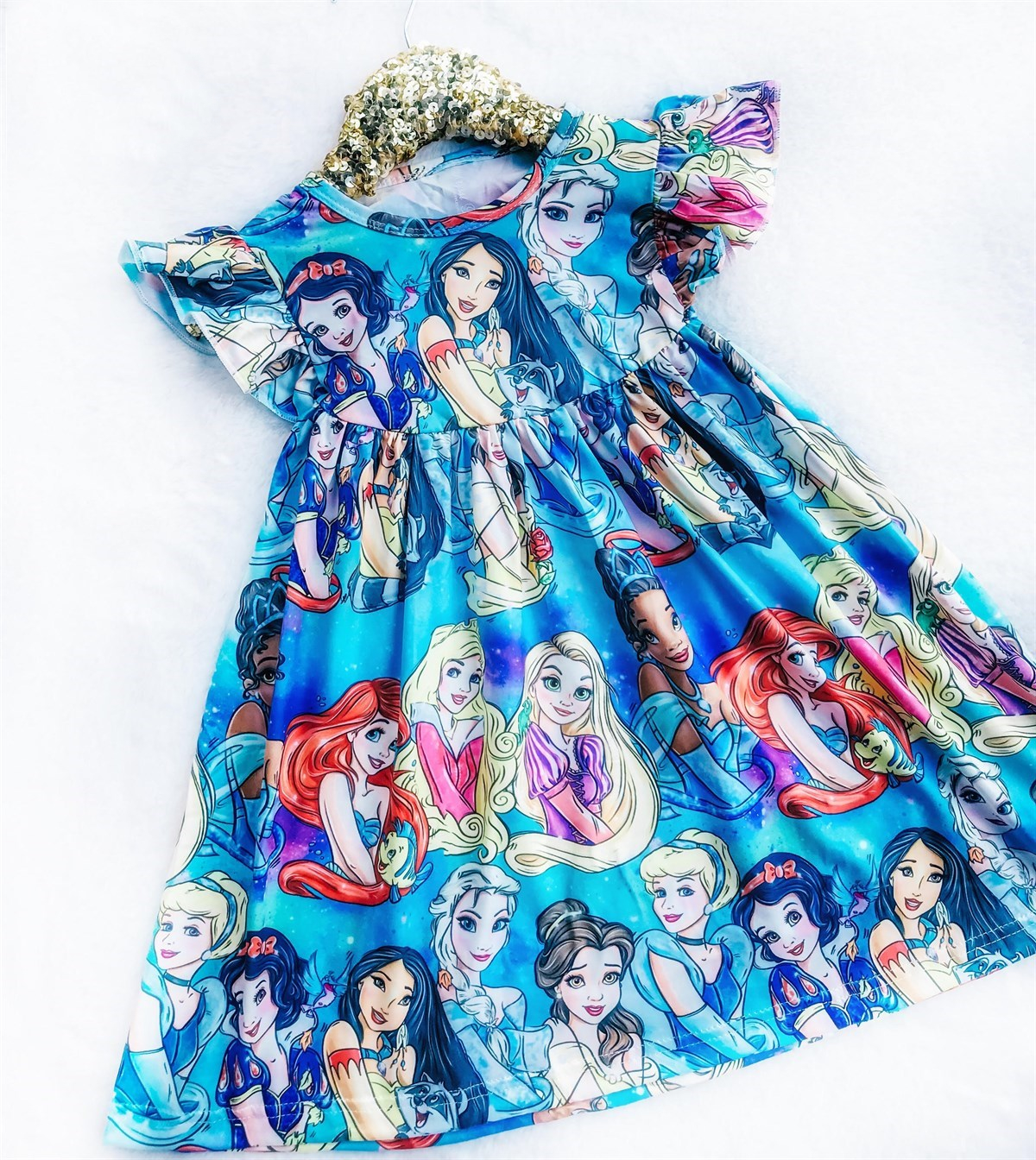 Girls Fun Character Dresses - Turquoise Princesses - cinderella, snow white, pocahantas, ariel, aurora, ariel, tiana, rapunzal