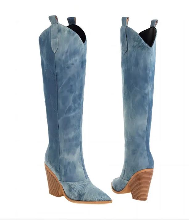 Women Fashion Elegant Pointed Chunky Heel Knee High Western Cowboy Boots