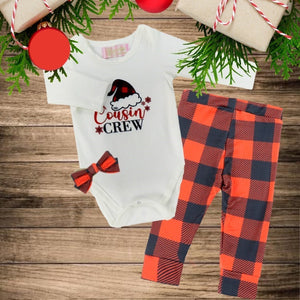 Infant 3 Pc Christmas Pajamas - Cousin Crew with santa hat print - Buffalo Plaid pants - buffalo plaid headbow