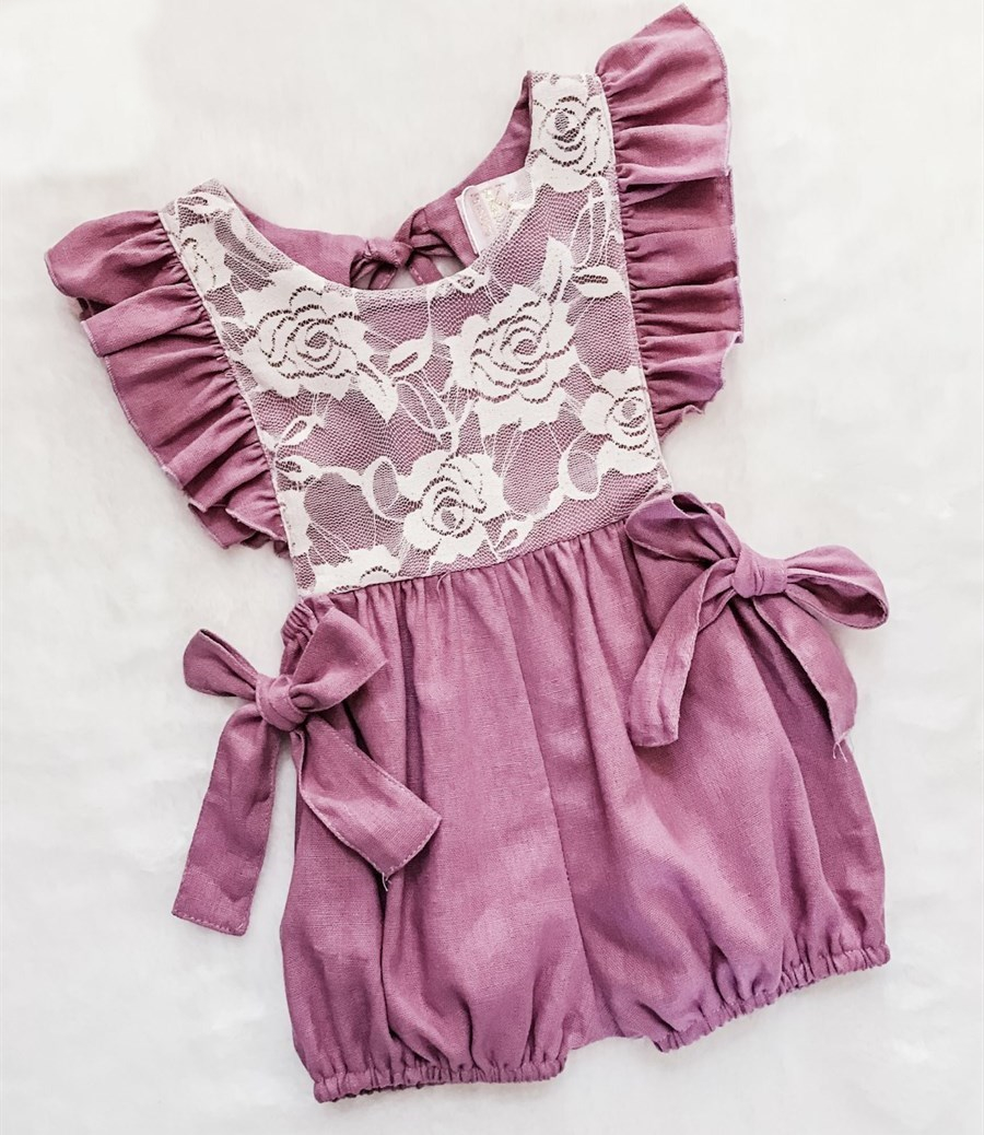 Baby Girls Mulberry Lace Front Linen Romper - bows on hips, a tie bow at back around neck area, ruffle sleeves