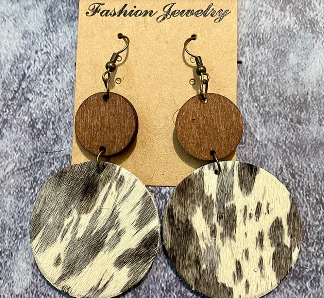 Vintage Western Earrings Wood Genuine Leather Horsehair Patchwork Drop Earrings Bohemian