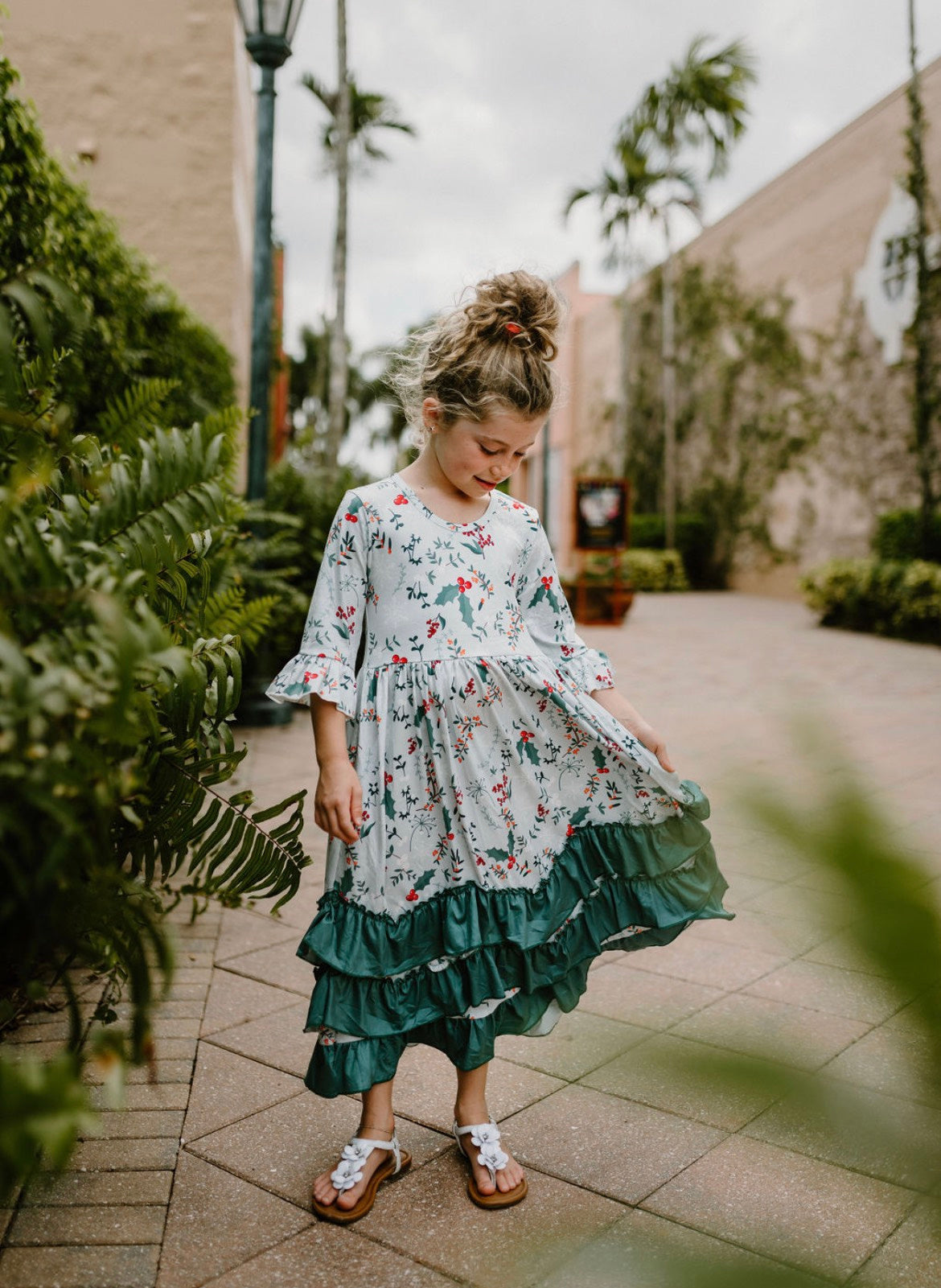 Girls Long Ruffle Holiday/Christmas Dresses - Winter Blue with Plants & Holly