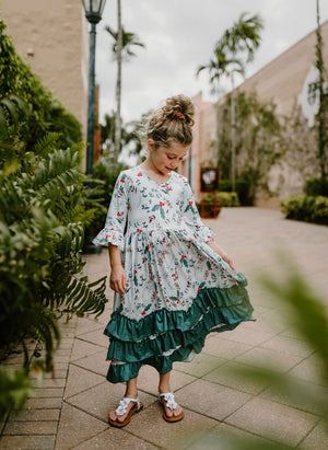 Girls Long Ruffle Holiday/Christmas Dresses - Winter Blue with Plants & Holly