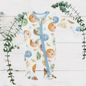 Boys Soft Sleepers With Double Zippers - Colorful Smilies & Lighting Bolts