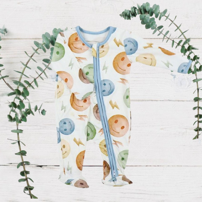 Boys Soft Sleepers With Double Zippers - Colorful Smilies & Lighting Bolts