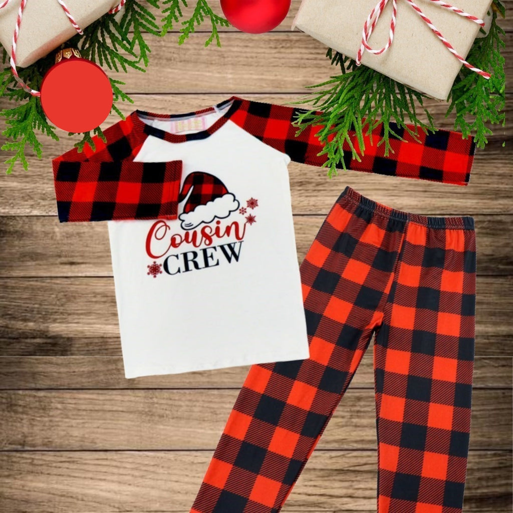 Kids 2 Pc Christmas Pajamas - Cousin Crew with santa hat print - Buffalo Plaid