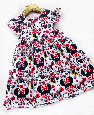 Girls Fun Character Dresses - Love Minnie - red hears, and red mouse head with red polka dots