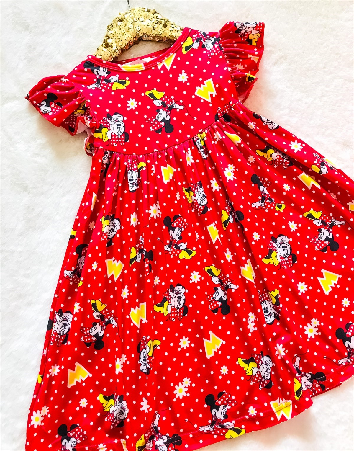 Girls Fun Character Dresses - Red Minnie - polka dots, daisies, large yellow M's