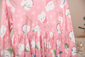 Winter Fun Girls Twirl Dresses - Pink Polar Bears with white ruffle wrists