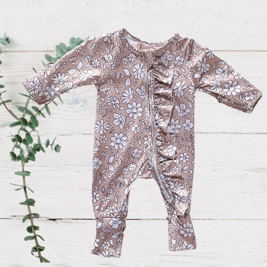Convertible Infant Girls Sleepers/Zippies - Brown with White Floral