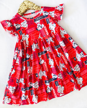 Girls Fun Character Dresses - Dalmatian Champs | Red - dogs, fire hydrants, best in show, champions, top pup