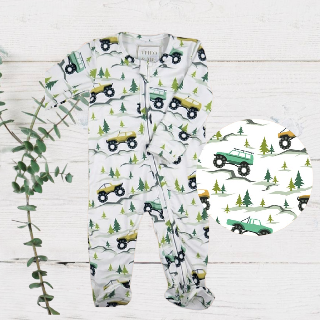 Boys Soft Sleepers With Double Zippers - Outdoor Offroad Vehicles - green trees, yellow & green trucks.