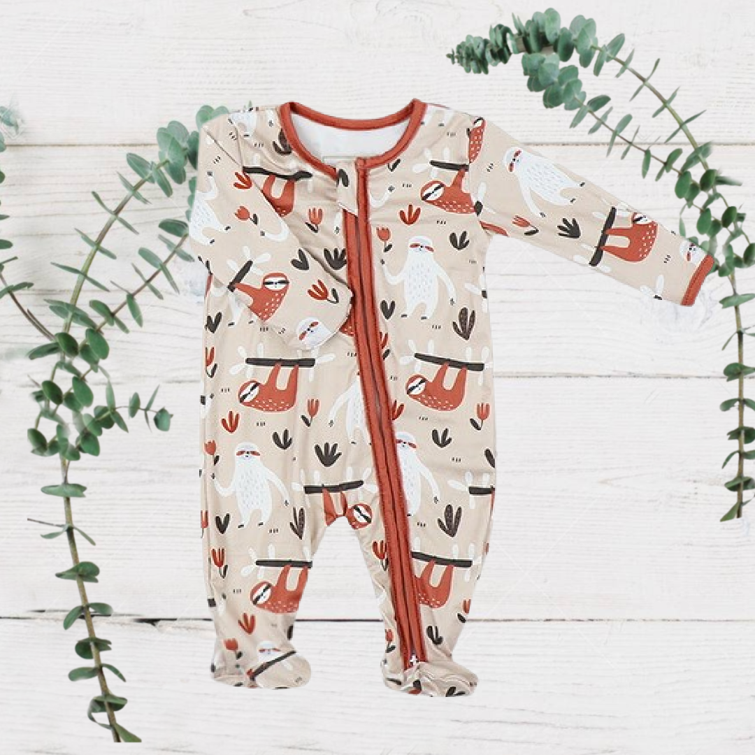 Boys Zippies Sleepers - Rust Sloths - and white sloths with rust sleeve and neckline details.