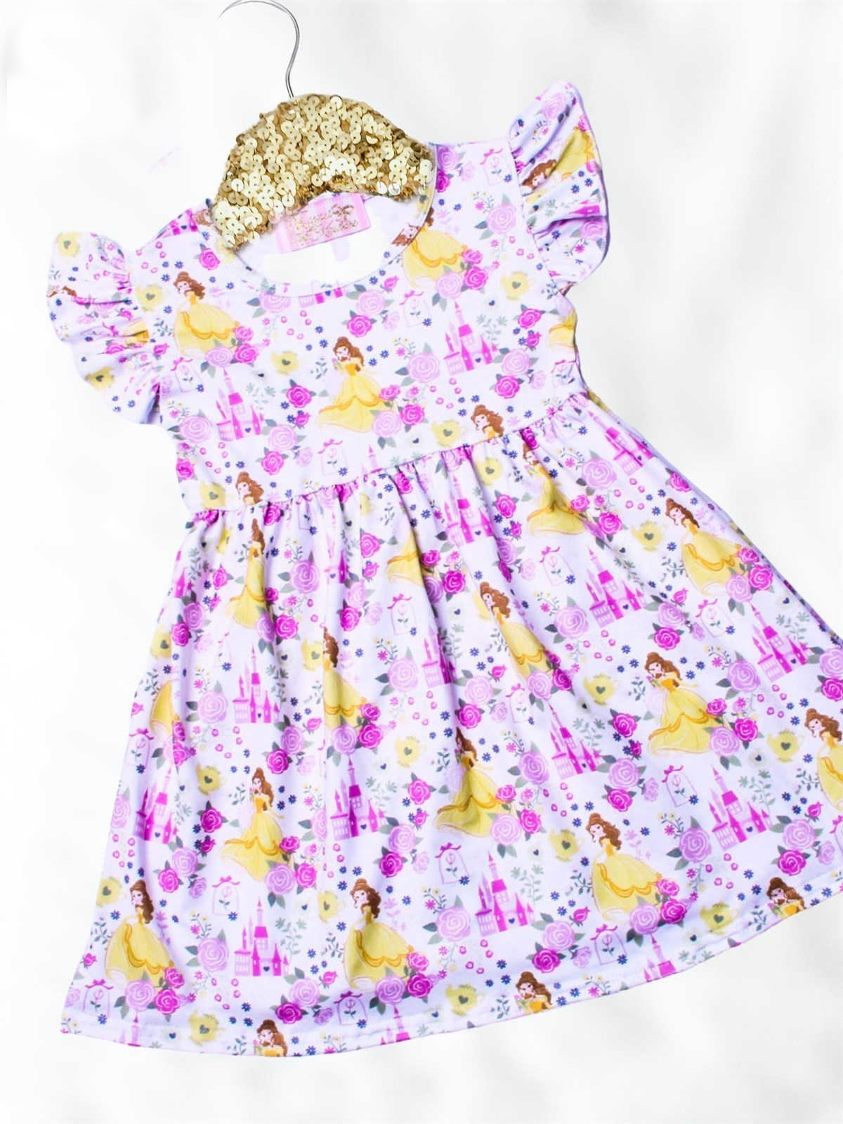 Girls Fun Character Dresses - Yellow Belle - pink castles & roses
