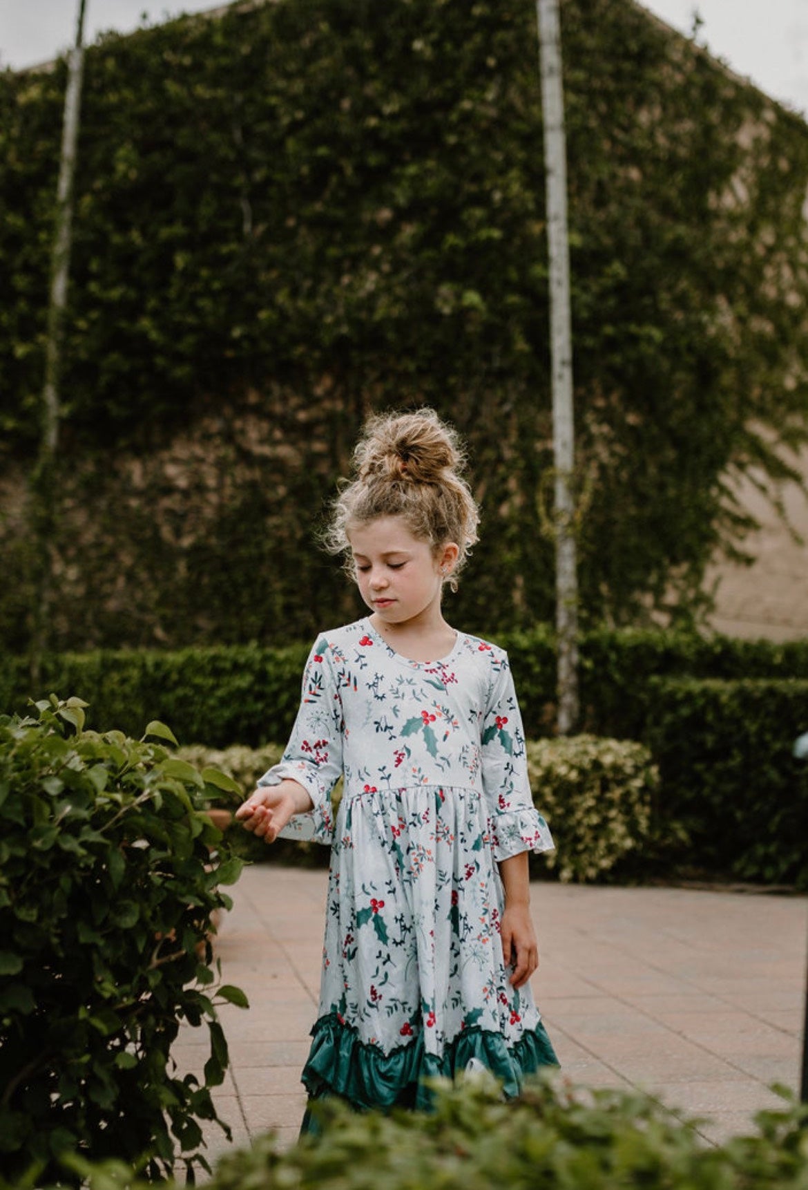 Girls Long Ruffle Holiday/Christmas Dresses - Winter Blue with Plants & Holly