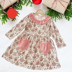 Winter Fun Girls Twirl Dresses - Dusty Pink Christmas Bauble Balls and ornaments with pink polka dot pockets