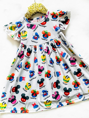 Girls Fun Character Dresses - Mouse Head Club Friends | White - mickey, minnie, donald, goofy, pluto, daisy