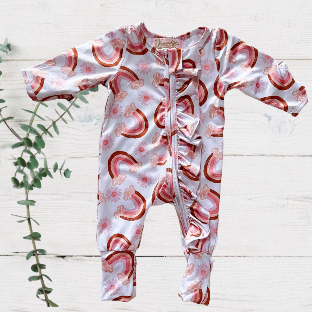 Convertible Infant Girls Sleepers/Zippies - Retro Rainbows - 60s 70s style colors - peach & maroon