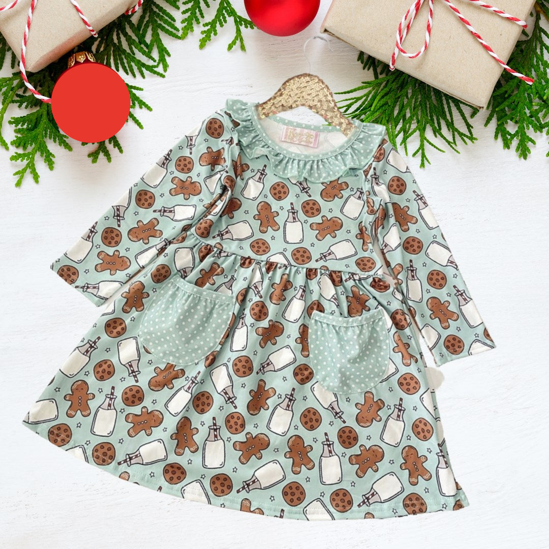 Winter Fun Girls Twirl Dresses - Mint Color with Gingerbread & Choco Chip Cookies & Milk with mint polka dot pockets