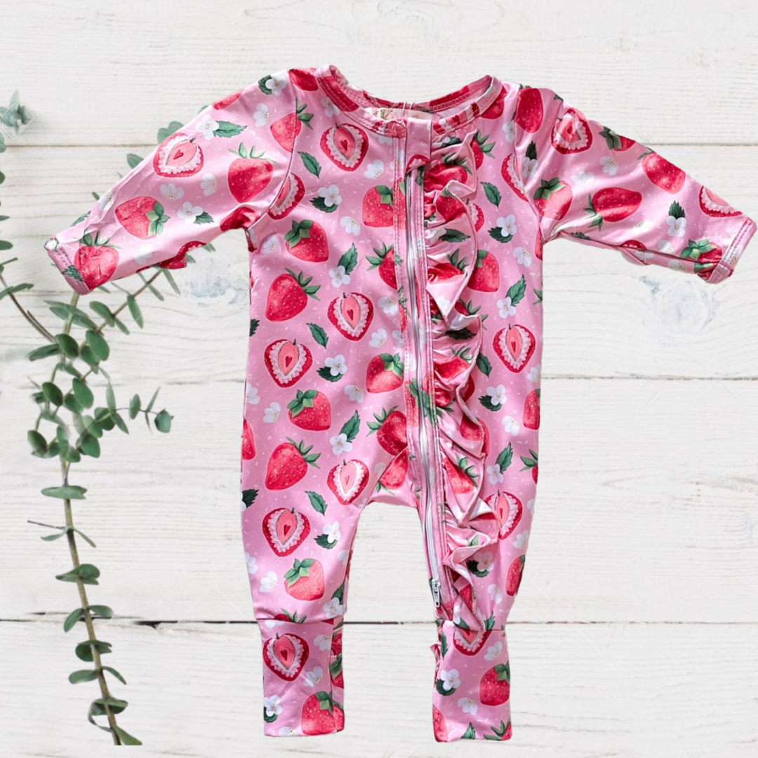 Convertible Infant Girls Sleepers/Zippies - Pink Strawberries - red strawberries & white flowers