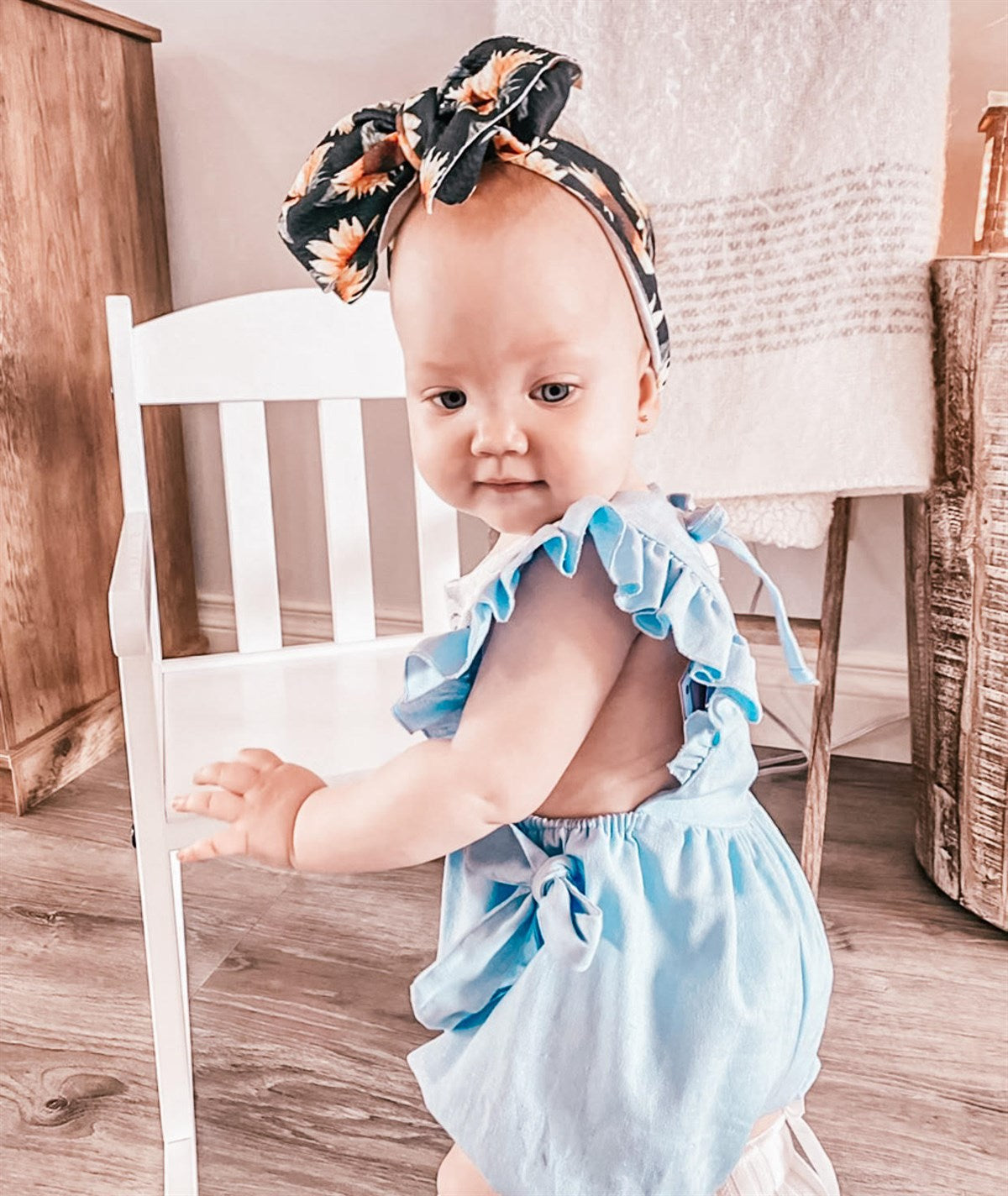 Baby Girls Blue Lace Front Linen Romper