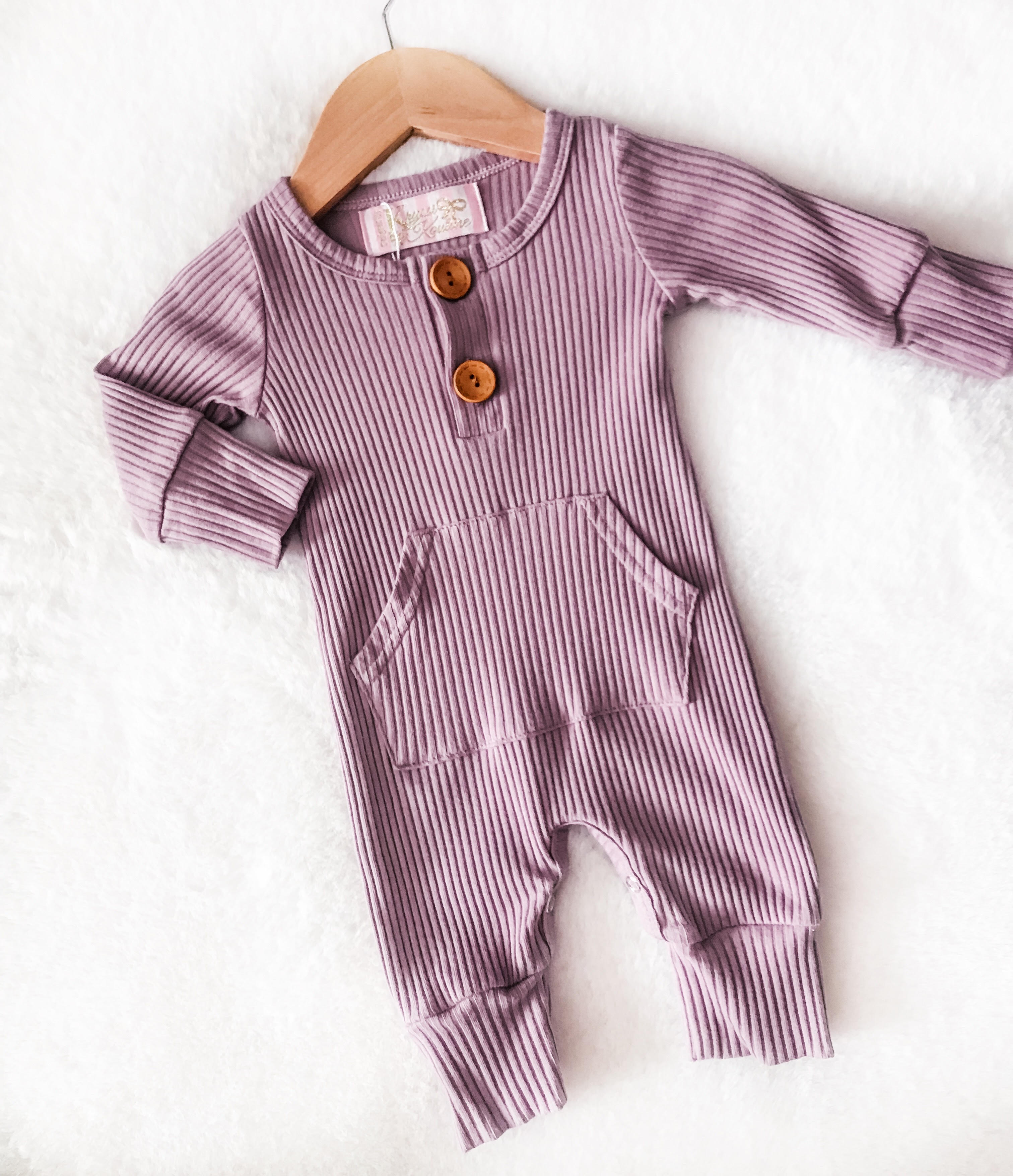 Baby Girls Mulberry Rib Pocket Romper - long sleeve, 2 buttons on chest