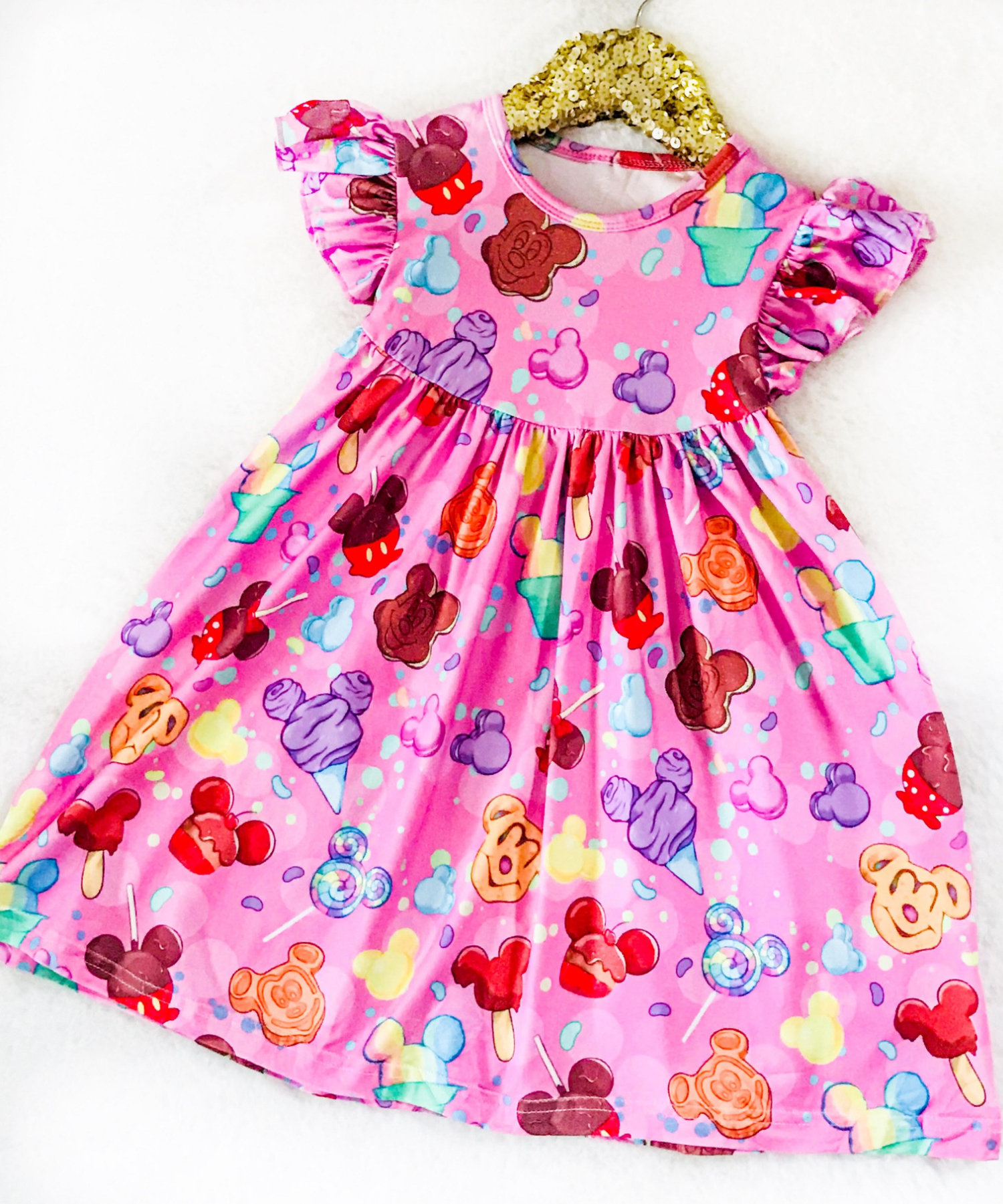 Girls Fun Character Dresses - Pink Treats - mickey caramel apples, ice cream, lollilops, premium bars