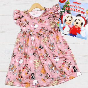 Girls Fun Holiday Character Dresses - Pink Retro Mickey & Friends Snowballs