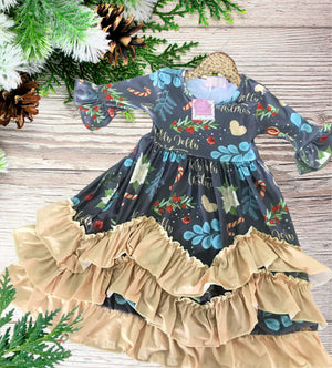 Girls Long Ruffle Holiday/Christmas Dresses - Mustard & Grey Holly Jolly Christmas