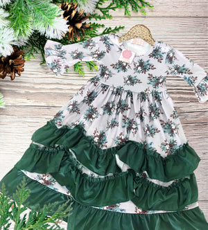 Girls Long Ruffle Holiday/Christmas Dresses - Grey & Green Cotton