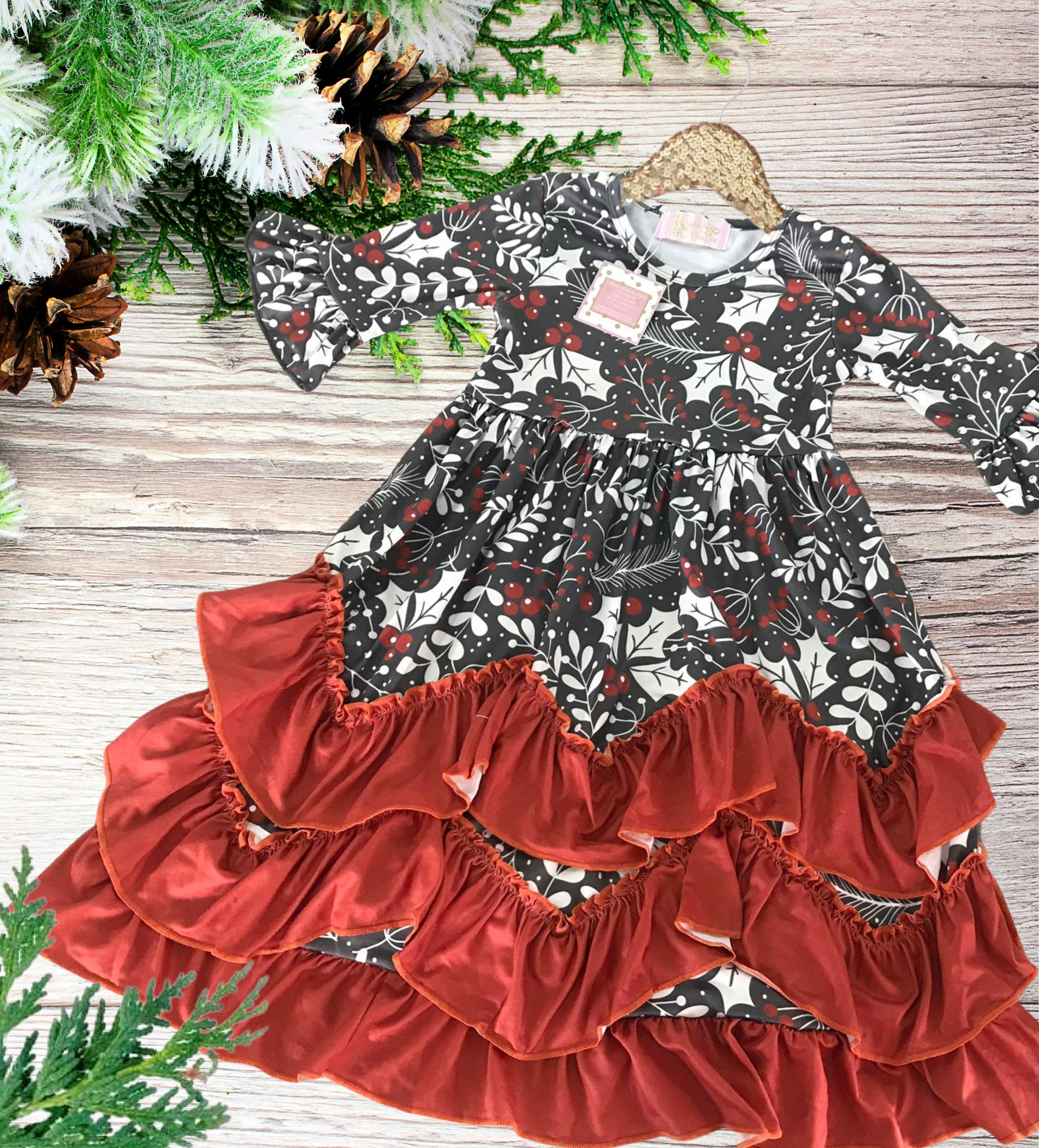 Girls Long Ruffle Holiday/Christmas Dresses - Grey & White & Red Holly Berry with red ruffle skirt edge