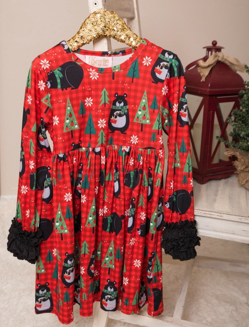 Winter Fun Girls Twirl Dresses - Red Check Cute Black Bears with green trees and white snowflakes - Black Ruffle Wrist Sleeves