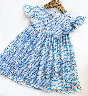 Girls Fun Character Dresses - Blue Stripe Snowman