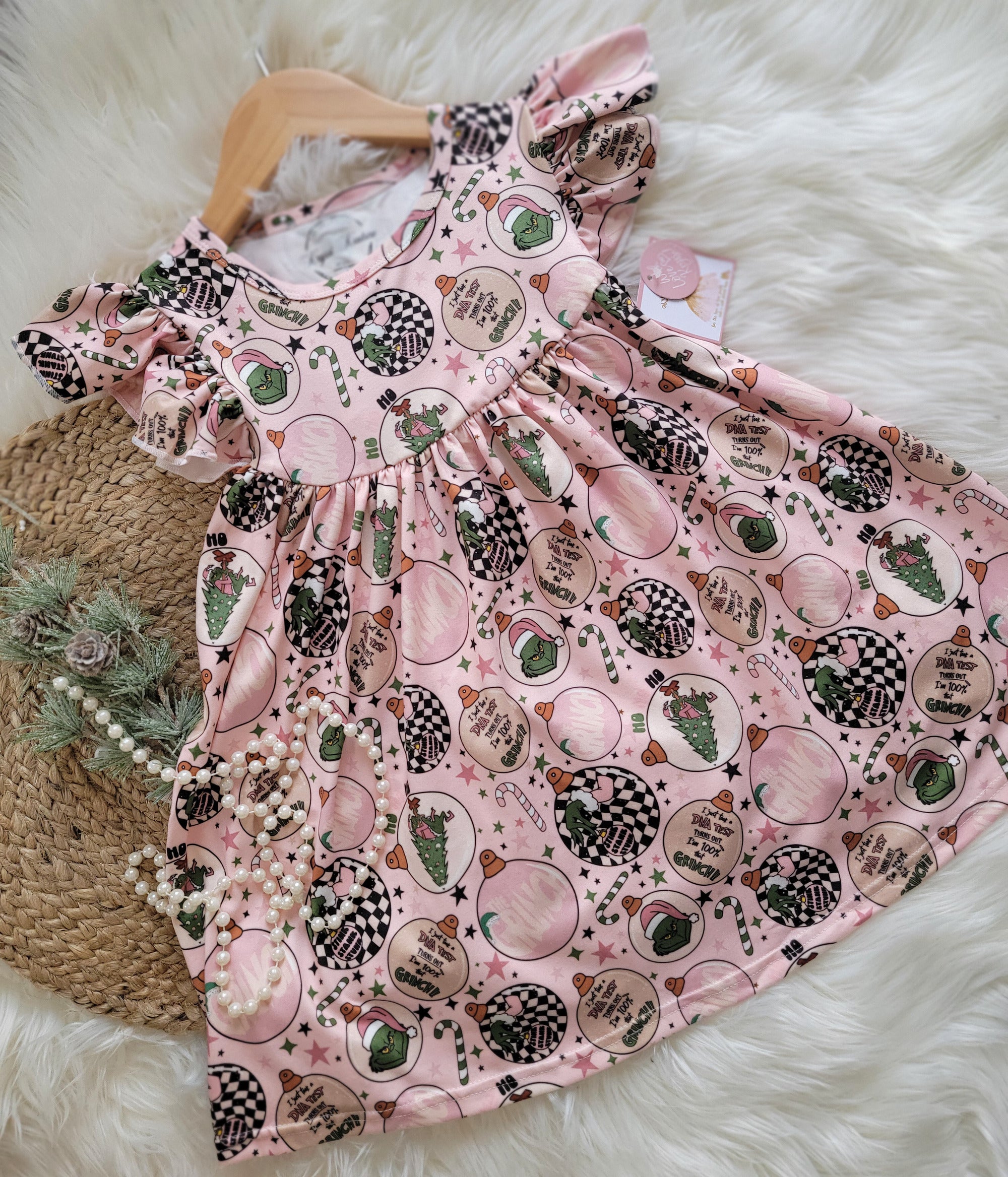 Christmas Girl Fun Character Dress - Pink Check Grinch Balls