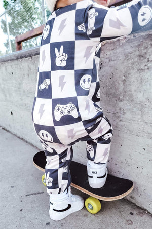 Boys Soft Sleepers With Double Zippers - Black Check Game Controllers, Smilies, lightning bolts, and skateboards
