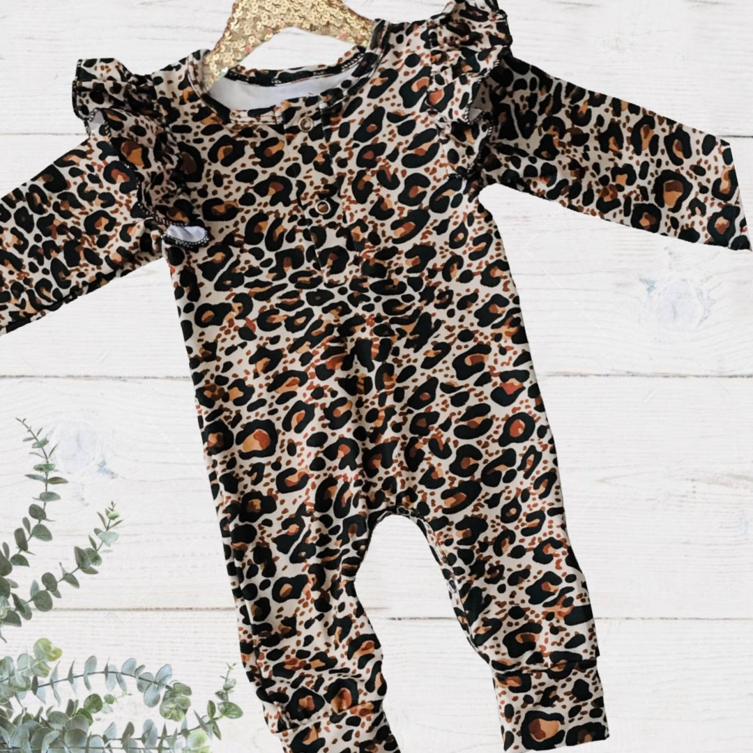 Baby Girls Leopard Deluxe Romper - ruffle shoulder detail, long sleeves, snap buttons on chest