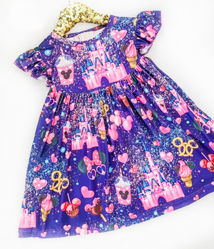 Girls Fun Character Dresses - Purple Castle - pink minnie drinks, pink castle, pink hearts, pink mouse balloons