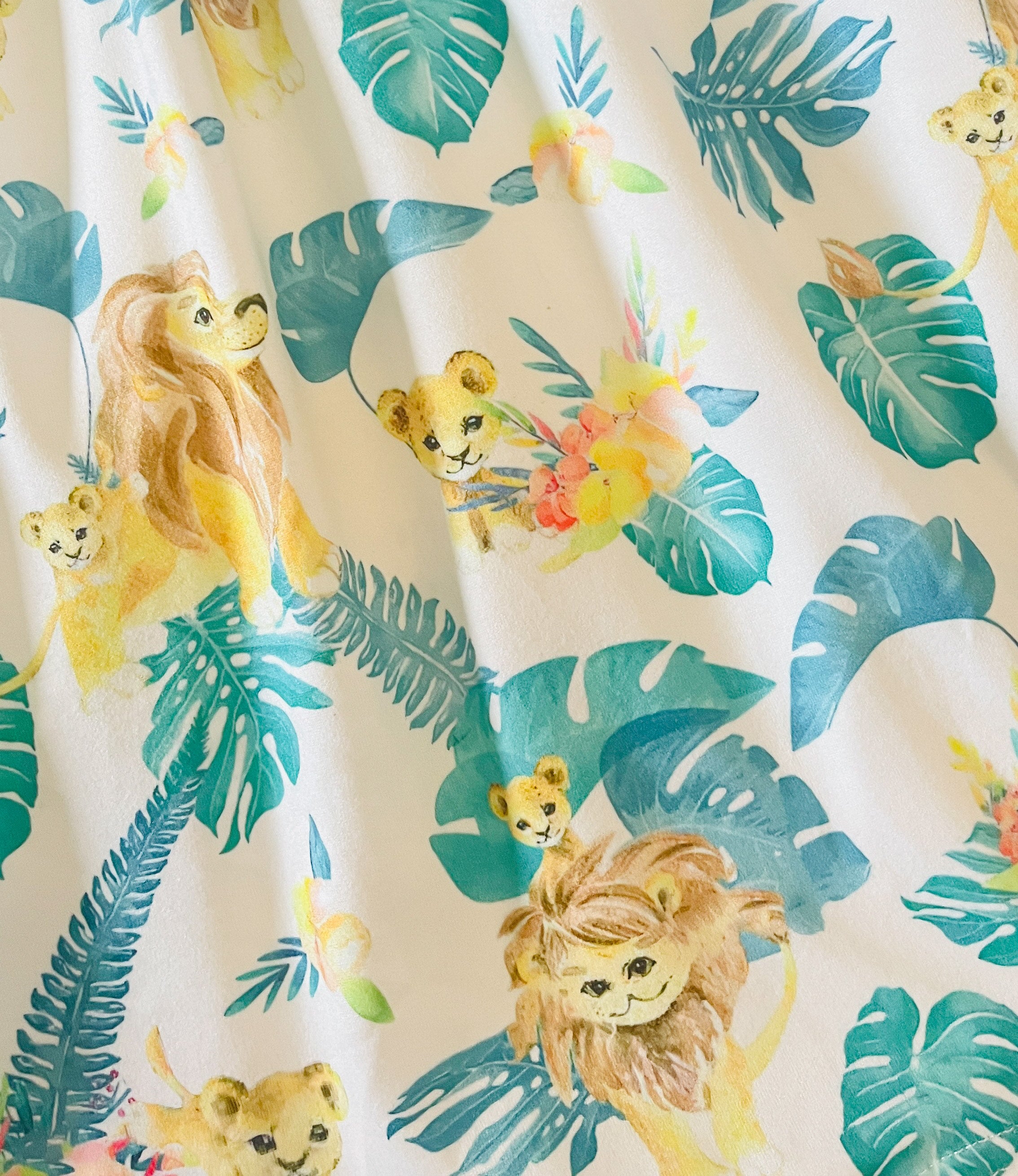 close up on Girls Fun Character Dresses - Pastel Lion King - papa and cub in leaves