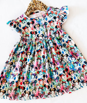 Girls Fun Character Dresses - Ears - and balloons & hats - watercolor style