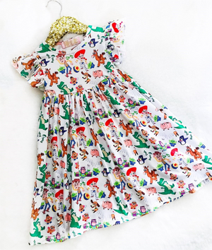 Girls Fun Character Dresses - White Toy Story - slinky dog, woody, jessie, rex, hamm, bullseye, buzz lightyear, mr and mrs potato head