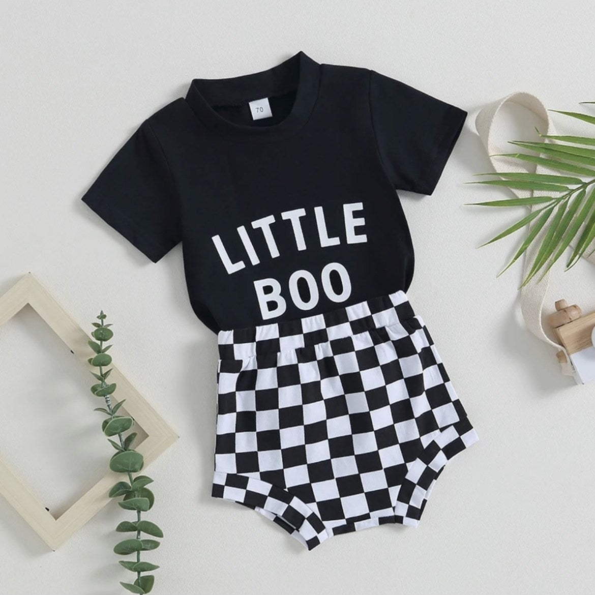 $10.00 - 3-6MX2, 6-12MX2 - Halloween Little Boo Shirt with Check Shorts