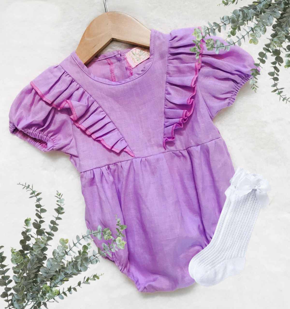 Baby Girls Purple Ruffle Bodice Romper - short sleeve