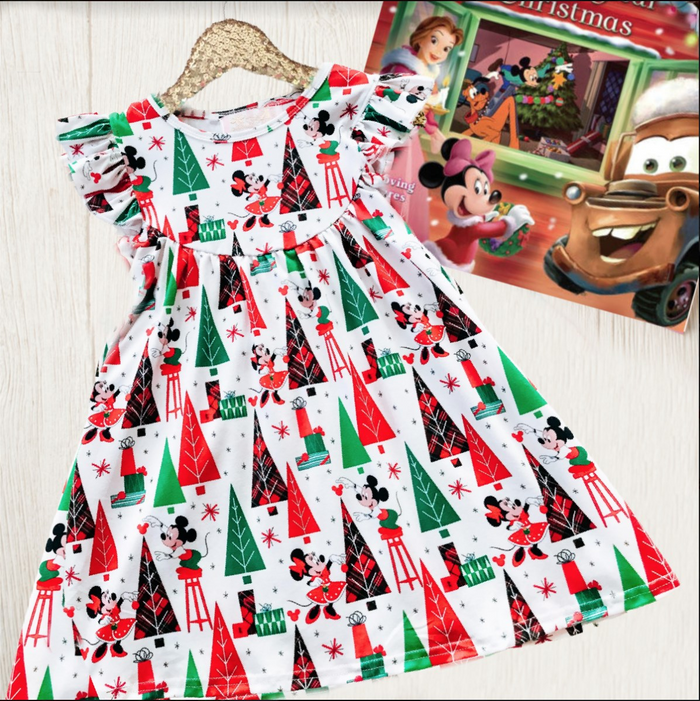 Girls Fun Holiday Character Dresses - Minnie & Christmas Trees