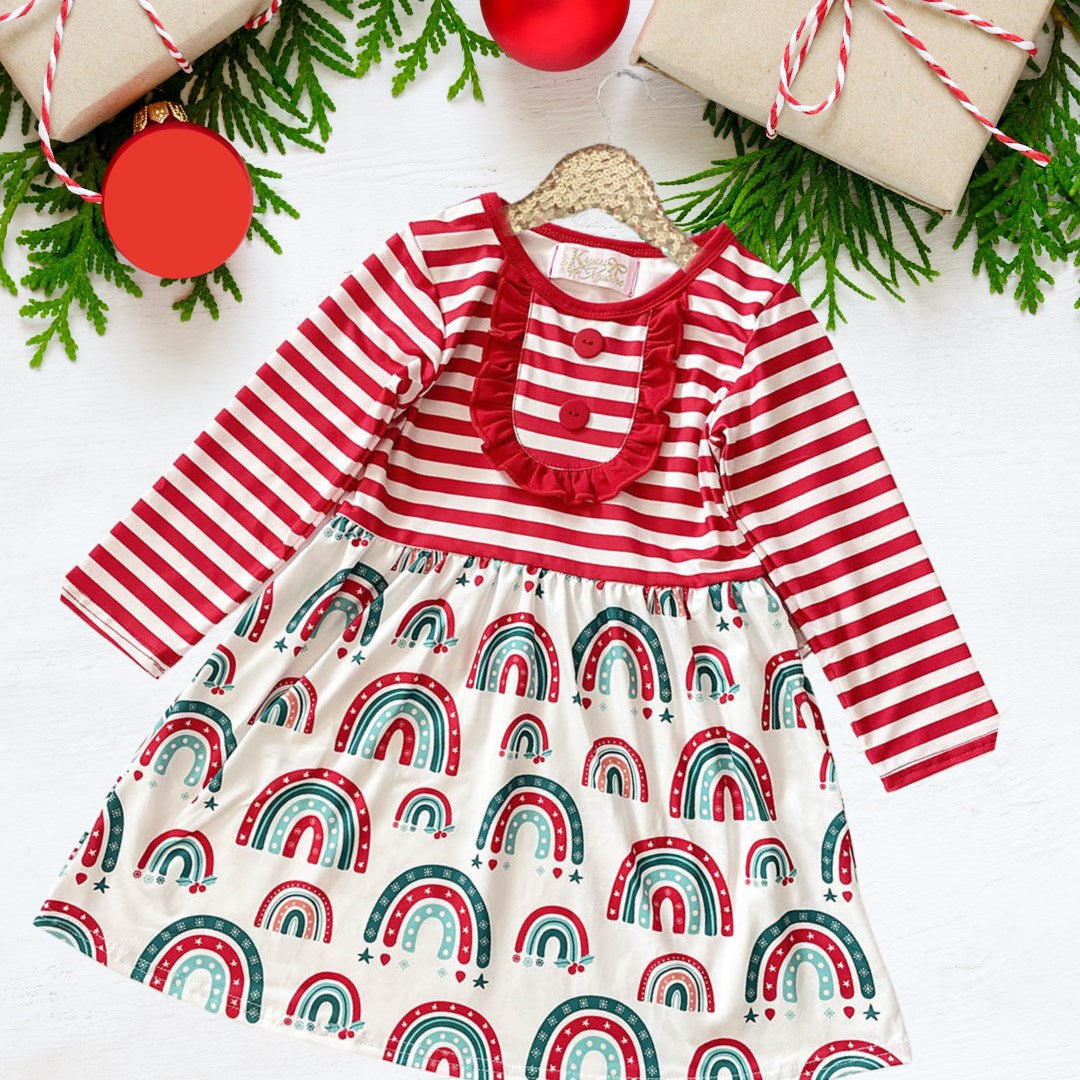 Winter Fun Girls Dresses - Red & Green Rainbow skirt - Top Stripes & Buttons