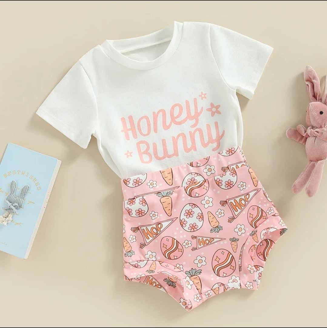 Baby Easter 2-Piece Honey Bunny Tee with Pink Egg Bummie - carrots, hop banner, easter eggs